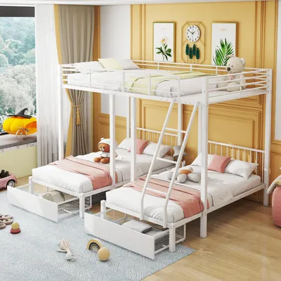 Image de OKWISH Lit Superposé 90x200 cm & 140x200 cm - Lit Triple avec Rangement Intégré, Protection Anti-Chute, Métal, Sans Matelas - Blanc