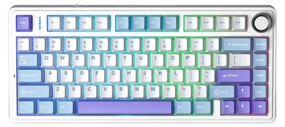 Image de Clavier mécanique de jeu sans fil AULA F75, éclairage RGB LED, disposition QWERTY américaine, compatible Windows/Mac, connectivité 2,4 GHz/USB-C/Bluetooth, couleurs : blanc, bleu et violet, motif : étoile vectorielle
