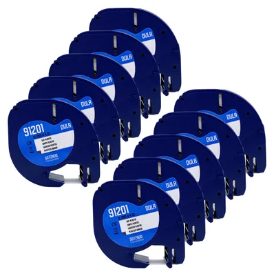 Produktbild von DULA-Etikettenband - Kompatibel mit Dymo LetraTag 91201 / S0721610 - 10 Stück - Schwarz auf weißem Kunststoff - 12mm x 4m
