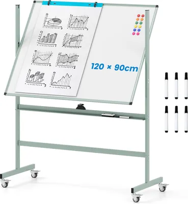 Produktbild von GOPLUS 120x90cm Mobiles Whiteboard mit Ständer & Flipchart, Höhenverstellbares doppelseitiges Whiteboard mit abschließbaren Rollen, Grün