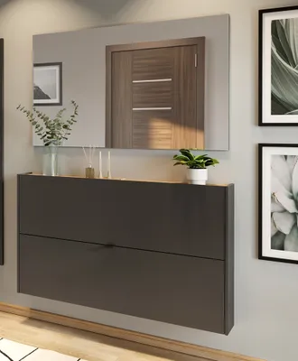 Produktbild von Garderobe Flurgarderobe schmal in grau mit Eiche ABERDEEN-01 modern 2-teilig mit Spiegel