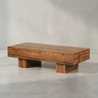 Produktbild von Massivholz Couchtisch "Saar": Sheeshamholz, handgefertigt, pflegeleicht. Braun, 120x45x30 cm | Kadima Design