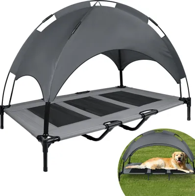Produktbild von UISEBRT Hundebett mit Dach Sonnenschutz XL 122x92x102cm Haustierbett mit Baldachin Hundeliege Outdoor  Erhöhtes Hundebett mit Rutschfesten Fußpolster, Wetterfest Hundesofa, Eisenrahmen Katzenbett