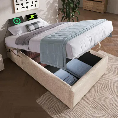 Produktbild von Leinen Einzelbettgestell mit USB-C und Lattenrost, ohne Kopfteil, ideal für Natürlichkeit im Schlafzimmer - Polsterbett 90x200 cm, Beige