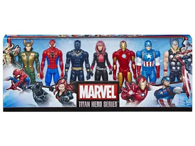 A product packaging box displaying multiple Marvel superhero action figures.
