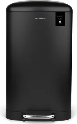 A black pedal trash can is shown against a white background.