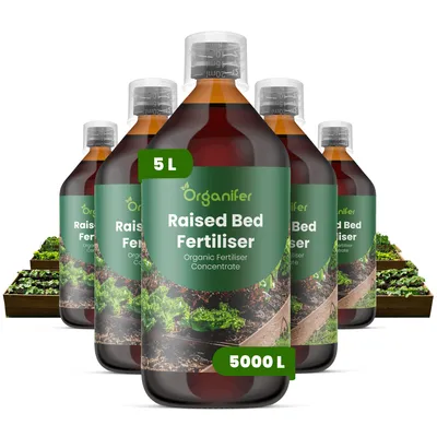 Produktbild von Hochbeete Flüssigdünger 5x1L – 2-1-8 NPK – Flüssig-Pflanzendünger für Hochbeete – Organifer