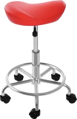 Obrázek produktu pro Sedlová židle s kolečky - Ergonomická stolička - Nastavitelná výška 45-59 cm - Pětihvězdičková základna Ø45 cm - Nosnost do 150 kg - Snadno udržovatelnýPolyuretan- Červená barva