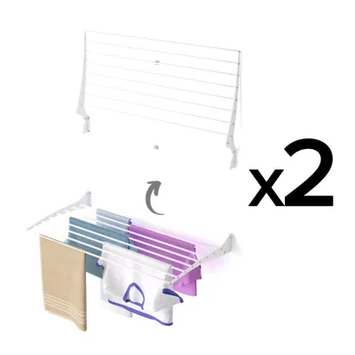 Two wall-mounted drying racks, one shown empty and the other with towels and laundry.