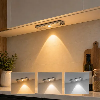 Immagine prodotto di Lampada a LED da incasso da 20 cm con sensore di movimento, ricaricabile, dimmerabile, con 3 tonalità di luce, ideale per la cucina, illuminazione per armadi e mobili, colore argento