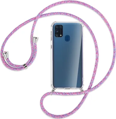Produktbild von Handykette Backcover-Schutzhülle mit Band (Metall silberfarben) für Samsung Galaxy M31 - lila/rosa/blau