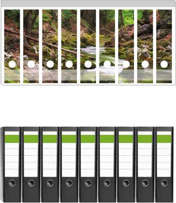 Produktbild von Wallario 9 Stück breite Ordner inkl. Klebeetiketten mit Motive Fluss im Wald -  Set mit Rückenschildern / Ordnerrücken Stickern