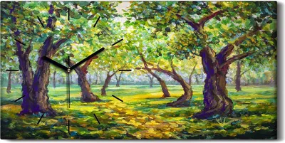 Produktbild von Wanduhr Uhr Wandbild Leinwand Geräuschlos 60x30 Ölgemälde Wald Bäume Natur - schwarze Hände