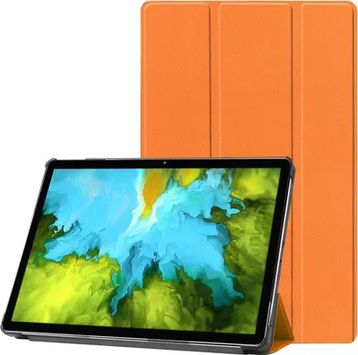 A tablet with a colorful abstract wallpaper is displayed in front of an orange tablet case.