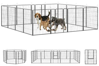 Produktbild von Welpenauslauf, modulares Design, 16 Elemente, 2 Türen, wetterfest, Stahl, 3,2 x 3,2 x 1 m, grau