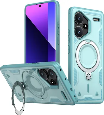 Produktbild von Dual Layer Hülle für Xiaomi Redmi Note 13 Pro+ 5G Metall Ring Ständer Magnetisch Stoßfest Militär Handyhülle Türkis