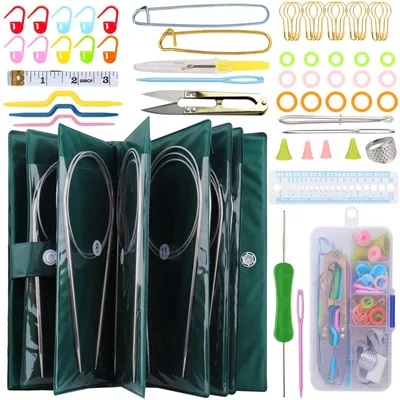 Image de Ensemble de 11 aiguilles circulaires pour tricot, longueur 80 cm, avec 57 accessoires et une pochette de rangement