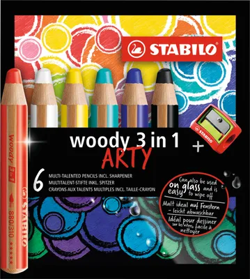 Produktbild von Buntstift, Wasserfarbe & Wachsmalkreide - STABILO woody 3 in 1 - ARTY - 6er Pack - mit 6 verschiedenen Farben und Spitzer