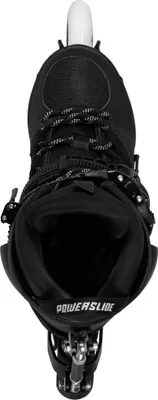 A top-down view of a black inline skate.