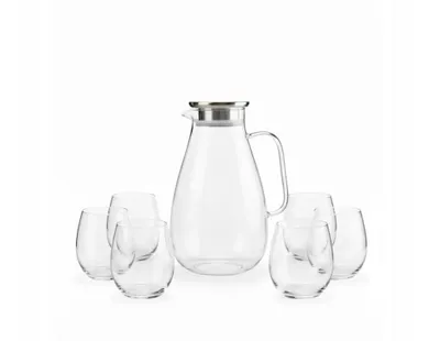 Produktbild von Glaskaraffe 2,5L mit 6 Gläsern 500ml Wasserkrug Saftkrug mit Edelstahldeckel & Sieb