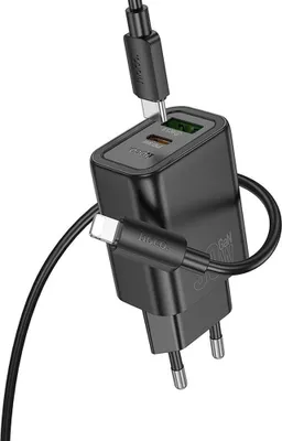 Image de Chargeur de téléphone Hoco USB A + USB C QC3.0 PD 3A 30W + câble USB C vers Lightning N63 noir