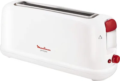 A white Moulinex toaster with red accents is shown from a side angle against a white background.