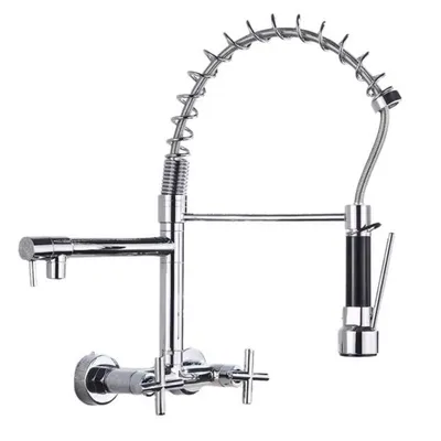Immagine prodotto di Rubinetto per lavello da cucina, montaggio a parete, doppia maniglia caldo e freddo, doppio getto, cromato DK