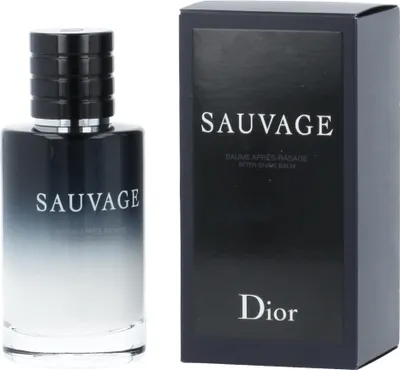 A bottle of Dior Sauvage Aftershave Balm and its packaging are displayed side-by-side against a white background.