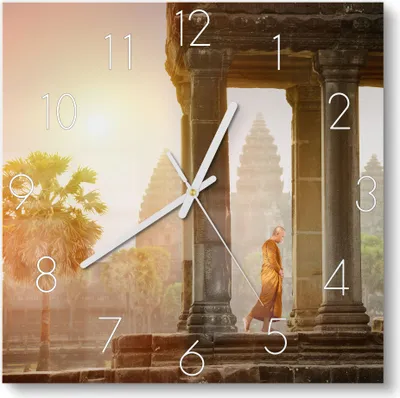 Produktbild von DEQORI Glasuhr 30x30 cm Zahlen 'Mönch in Tempelanlage' Wanduhr Glas Uhr Design leise