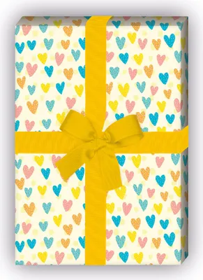Produktbild von Fröhliches Geschenkpapier mit gemalten Herzen, Dekorpapier, gelb - G11863, 32 x 48cm