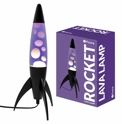 Produktbild von FISURA - Lila Lavalampe „Rocket“. Schwarzer Sockel, lila Flüssigkeit und weiße L