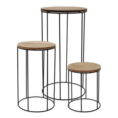 Image de 2.03 Support de pot de fleurs en combinaison métal / bois - set de 3 / Ø 16, 18, 21 cm - Support de pot