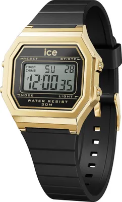 A digital watch with a gold-colored bezel and a black strap is shown against a white background.