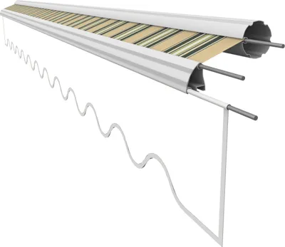 A close-up, angled view of a retractable awning fabric and its mechanism, against a white background.
