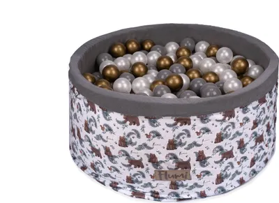 Obrázok produktu pre Flumi Veľký suchý bazén s loptičkami 90x40 s 200 loptičkami ∅ 7cm vyrobené v EÚ - biela s medveďmi + zlaté loptičky