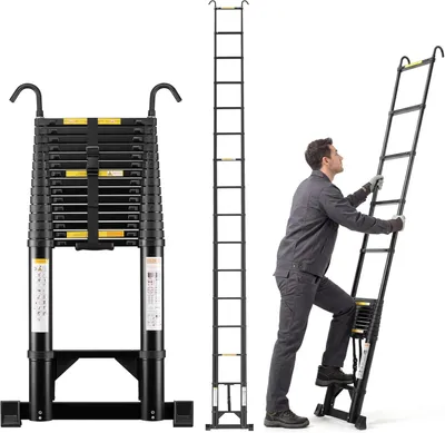 Image de TEENO Échelle Telescopique 6.2 M, Escabeau Telescopique Pliable en Aluminium avec Barre Stabilisatrice et Crochet Amovible, Charge Max 150 kg