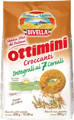 Produktbild von Divella Ottimini Croccanti Integrali 7 Cereali Vollkornkekse mit 7 Müsli 300g Cookies italienische Kekse