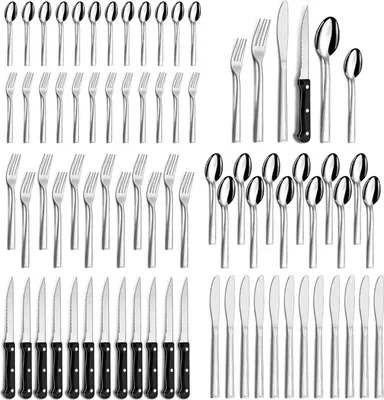 Image de Hunnycook Set de couverts 12 personnes Acier inoxydable 72 pièces Couteaux à steak Fête Mariage