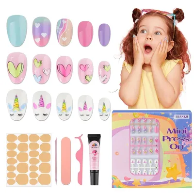 Immagine prodotto di Unghie finte per bambine, confezione da 78 pezzi, 3 confezioni con motivi a cuore colorati, adatte a bambine dai 8 ai 12 anni