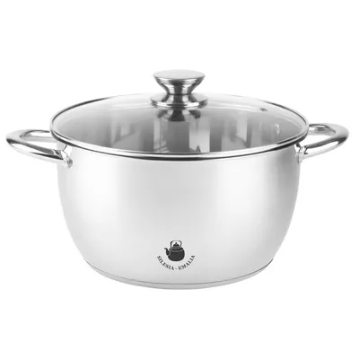 A stainless steel cooking pot with a glass lid is shown against a white background.