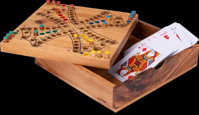 A wooden board game with playing pieces and cards is shown.