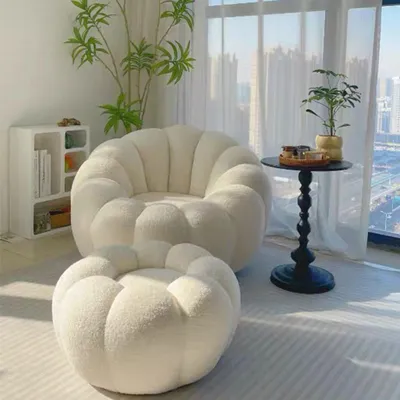 Produktbild von Drehbarer Sessel sofa Lounge-Sessel mit Hocker im Lammfellimitat – 2-teiliges Set, gemütlich & modern Weiß L95.5*B96*H59cm【TD-0009】