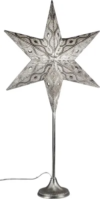 A silver star-shaped lamp on a stand, isolated on a white background.
