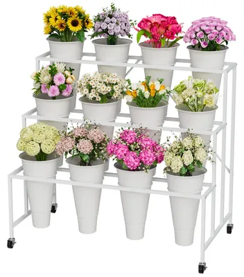 Produktbild von Blumenständer, 3-stöckiger Blumenständer mit Eimern für den Innen- und Außenbereich, Blumenwagen mit Rädern für Hof, Balkon, Blumenladen, Hochzeit, Party (weiß)