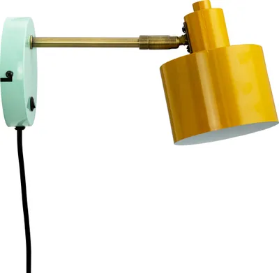 A wall lamp with a turquoise base and a yellow lampshade, mounted on a white background.