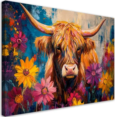 Produktbild von Leinwandbild Schottische Kuh Blumen Gemalt 60x40 Feeby Bunt bild für die wand bereit zum aufhängen
