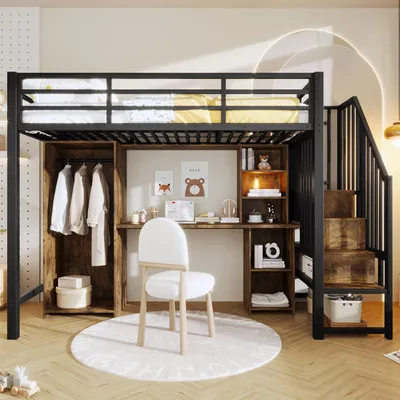 Productafbeelding van Hoogslaper 90 x 200 cm met kledingkast, bureau, opbergruimte, een trap met opbergruimte en een ijzeren frame, zonder matras, zwart, van staal en MDF