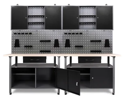Produktbild von Ondis24 Metall Werkstatt Set 240 cm "Klaus" 2x Werkbank  + 2  Schränke Arbeitshöhe 85 cm abschließbar höhenverstellbare Füße Arbeitsplatte Holz Werkstatteinrichtung Packtisch Werktisch Werkstatttisch Montagewerkbank Hängeschrank Werkzeugschrank Werkstattschrank Werkzeugwand Werkstattwand Werkzeughalter Lochblech