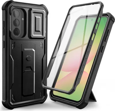 A black phone case with a built-in stand and a separate screen protector is shown against a white background. The phone case is on the left, and the screen protector is shown being placed onto a phone on the right.