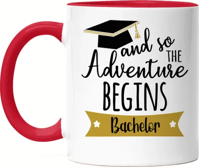 Produktbild von Bachelor And so the Adventure Begins Tasse Rot Bachelorabschluss Geschenk Absolvent Studium
